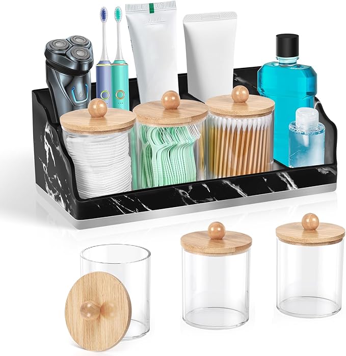 TuCao Marble Bathroom Countertop Organizer, Toothbrush Holders for Bathroom with 3PCS Qtip Holder Dispenser and Toothpaste Holder Drainage for Bathroom Accessories Organization Counter Vanity Storage