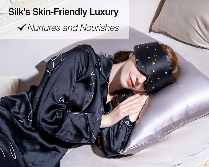 Fleur&Yang Silk Sleep Mask, Adjustable Blackout Sleeping Mask for Men Women, Soft Breathable 100% Mulberry Silk Fabric, Cooling Eye Cover Blindfold for DeepSleep or Meditationc(Starlight)