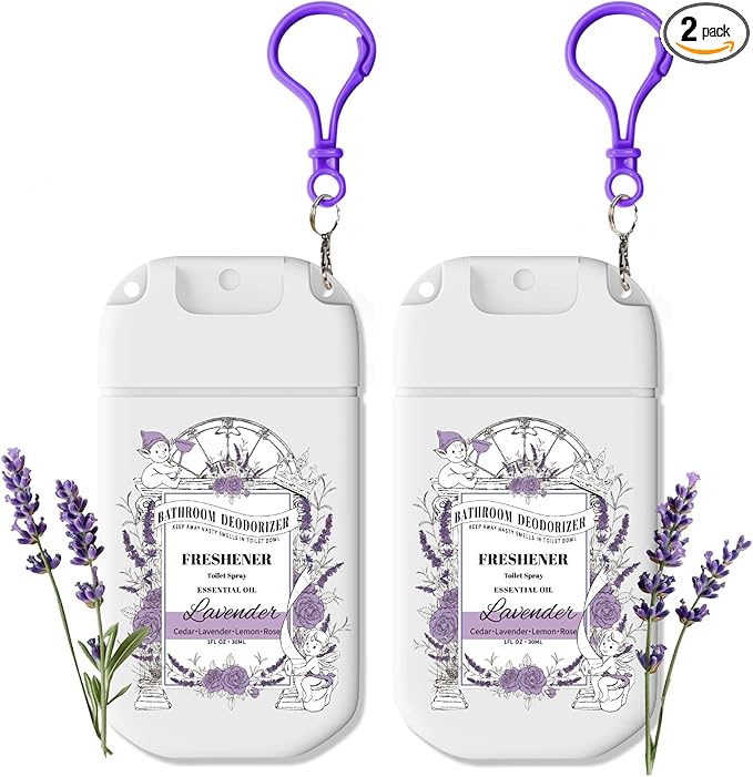 Travel Size Toilet Spray, 2 Pack Air Freshener Spray for Bathroom Deodorizer, Travel Essentials Variety with Removable Hook - Lavender Scent