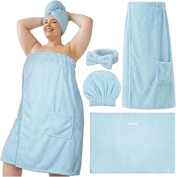 Tigeen Plus Size Towel Wrap for Women Spa Robe Set with Shower Hair Drying Turban Cap Towel Headband Adjustable Bathrobe