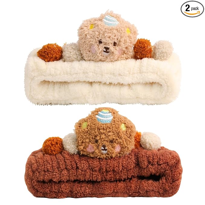 PERFECTSIGHT Spa Headband for Washing Face, 2 Pack Cute Hair Band for Shower Yoga Beauty Skincare Party, Soft Fluffy Makeup Headband, Kawaii Facial Headbands for Woman Girls, Bear