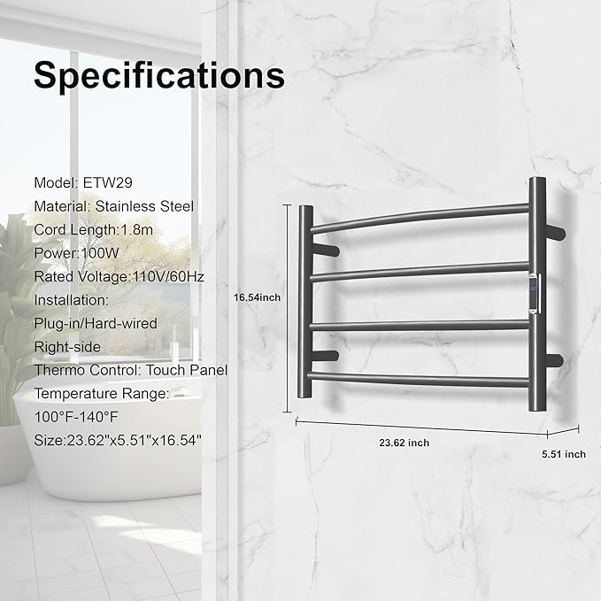 Towel Warmer with Built-in Timer Bathroom Wall Mounted Bath Towel Heater Plug-in Electric Heated Towel Rack Stainless Steel Curved Round Oil Rubbed Drying Rack 16.54x23.62x5.51 inches Gunmetal