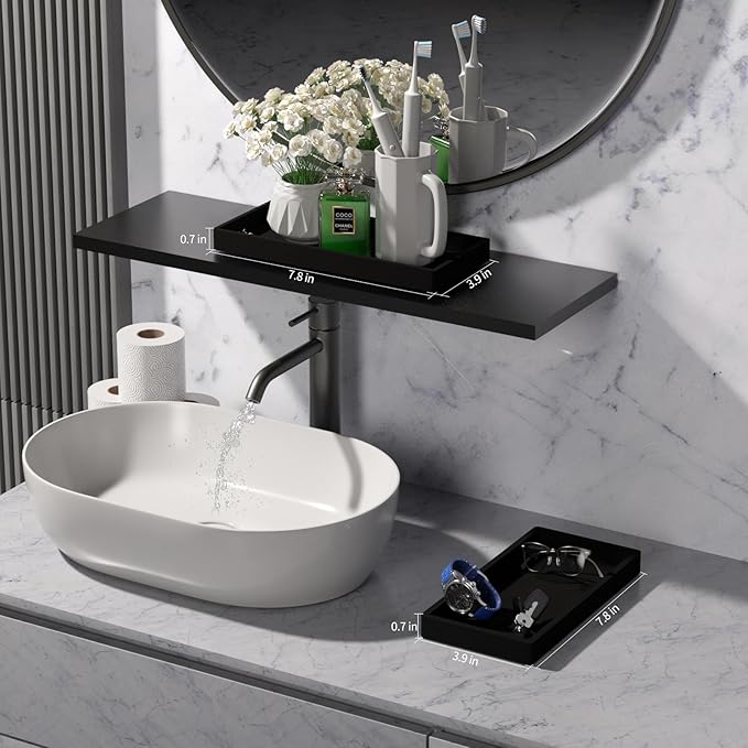 BBK Bathroom Vanity Tray 7.8 in - 2 Pack(Small) Silicone Bathroom Tray for Counter, Perfume Key Trinket Ring Tray, Decor Soap Dispenser Countertop Tray for Kitchen Sink Organization (Black)