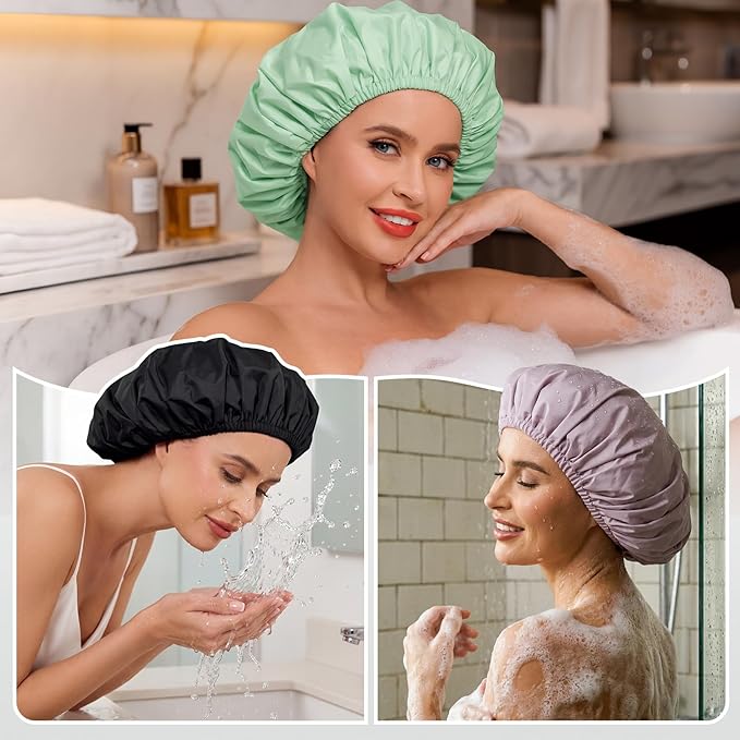3Pcs Waterproof Shower Caps for Women, Reusable Shower Cap for Long Hair, Comfortable Bath Cap for Thick Curly Hair