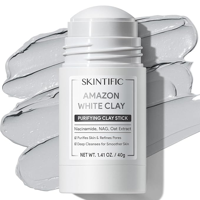 SKINTIFIC Amazonian White Clay Purifying Stick, Deep Clean Pores Mud Mask with Volcanic Soil, Pore Minimizer, Gentle Exfoliating, Refines Pores, Smoothing Skin, Non-Drying, Skincare Facial Mask