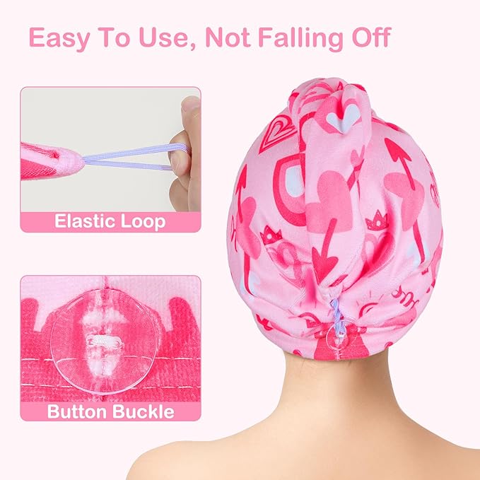 FIOBEE Microfiber Hair Towel Wrap for Kid Rapid Drying Towel Absorbent Hair Turbans for Wet Hair with Button Women Girls Long Curly Hair Pack of 2, Pink/Purple Heart