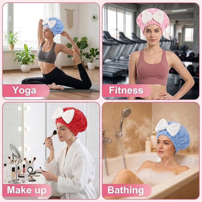 Microfiber Hair Towel Wrap for Women, 3-Pack Super Absorbent Hair Drying Cap with Cute Bow, Anti-Frizz Plopping Towel for Curly and Long Hair, Fast Drying Hair Turban for Shower, Spa, Makeup