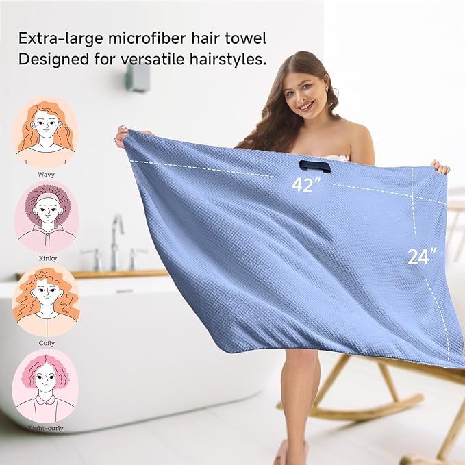 Large Microfiber Hair Towel Wrap & Satin Bonnet Set for Women, Ultra Absorbent Turban 24x42 Inches & Adjustable Night Cap for Curly Hair, Prevents Frizz & Breakage, Stocking Stuffers