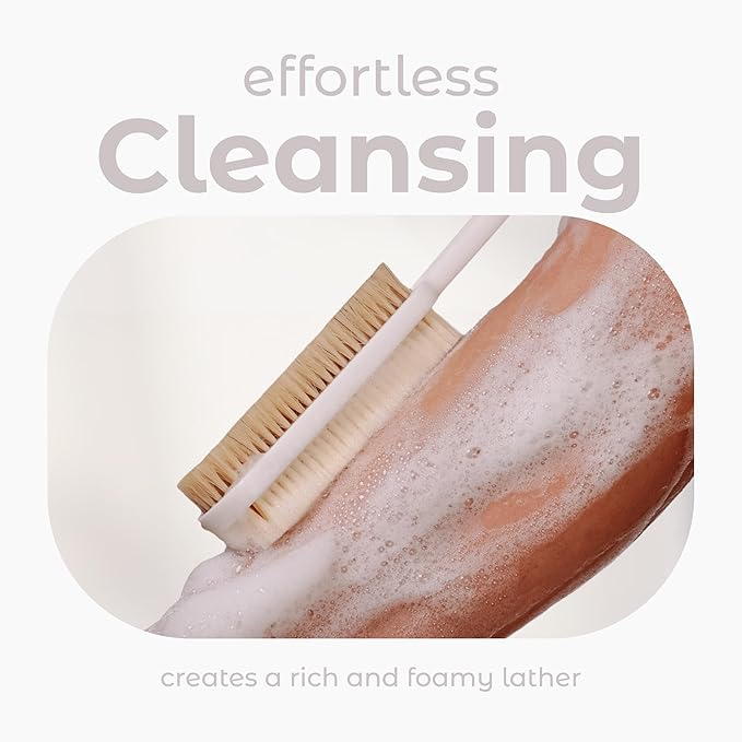 MainBasics Back Scrubber for Shower, Long Handle Body Brush with Dual-Sided Exfoliating and Soft Bristles, 15.75 Inch (White)