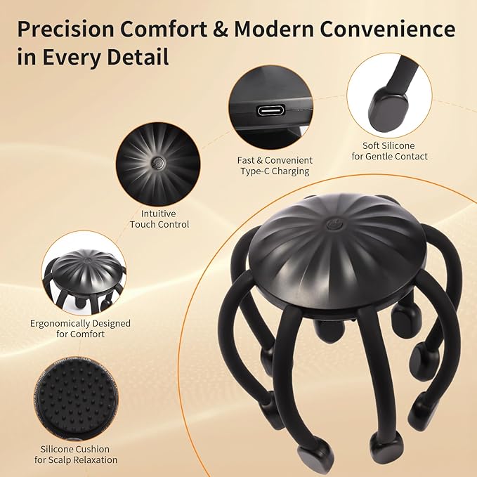 Hands-Free Scalp Massager, Electric Octopus Head Massager, Wearable Multi-Point Vibration Scalp Massager, Quiet & Lightweight for Work, Gaming & Relaxation, Tech Gifts for Men Women