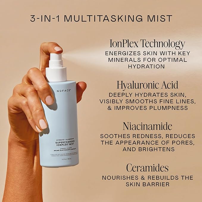 NuFACE Supercharged IonPlex Facial Mist - 3-in-1 Ultra-Fine Hydrating Face Mist & Pore Minimizer with Hyaluronic Acid + IonPlex Technology to Lock in Moisture and Enhance Microcurrent Treatment (5 oz)