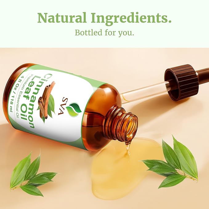 SVA Cinnamon Leaf Essential Oil – 4 Fl Oz – 100% Natural Cinnamon Oil - for Diffuser, Hair Care, Face, Skin Care, Aromatherapy, Scalp and Body Massage, Soap and Candle Making – with Dropper