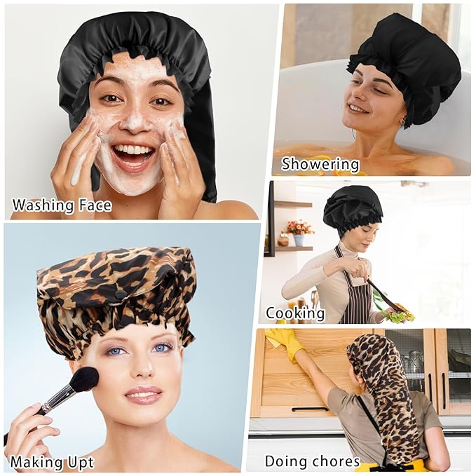 2 Pcs Large Shower Cap for Braids, Extra Long Shower Cap for Women Long Hair & Locs, Waterproof Hair Bonnets for Dreadlocks Drawstring Bath Caps for Women & Men (Black, Leopard)