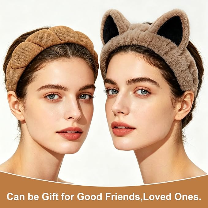 Zkptops 6Pcs Spa Headband for Washing Face Wristband Set Sponge Makeup Skincare Terry Cloth Headband Bubble Soft Cat Ears Hairband Women Puffy Padded Headwear Non Slip Hair Accessory(Khaki)