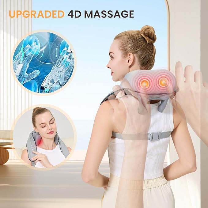 4D Wireless Deep Tissue Kneading Neck Massager with Heating Function, Shiatsu and Shoulder Massager Pillow,Back and Leg Pain Relief, Body Muscle Pain Relief, Perfect Gifts for Men Women. (Grey)