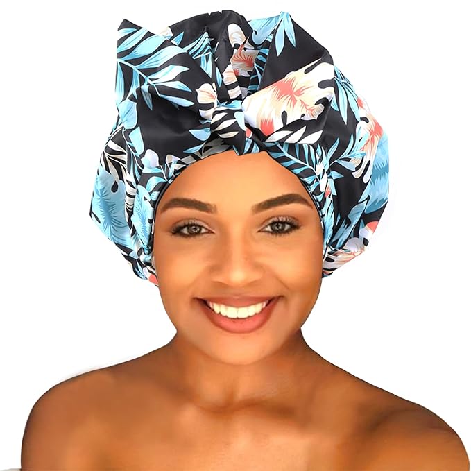 Shower Cap for Women Reusable Waterproof Bath Cap for Long Hair Cap for Shower Cute Extra Large Turban Shower Cap for Braids(Leaves)
