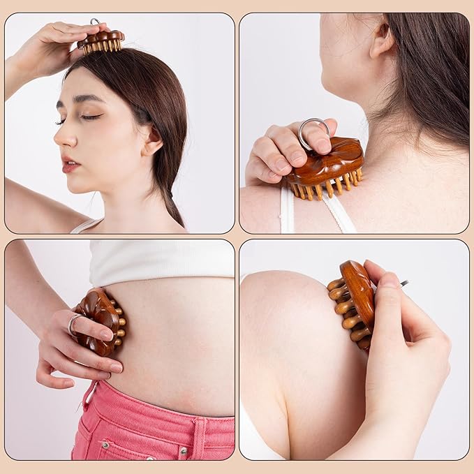 Wooden Massage Massager for Hair Growth,Head Scalp Comb,Manual Body Relax Massage Tool,Hair Brush Massager,Flower Design with Ring (54PCS Thin Tooth)