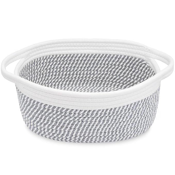 ABenkle Small Basket, 12"x 8" x 5" Cute Small Woven Basket, Rope Room Shelf Storage Basket, Cat Dog Toys Basket Chest Box, Decorative Empty Gift Basket with Handles