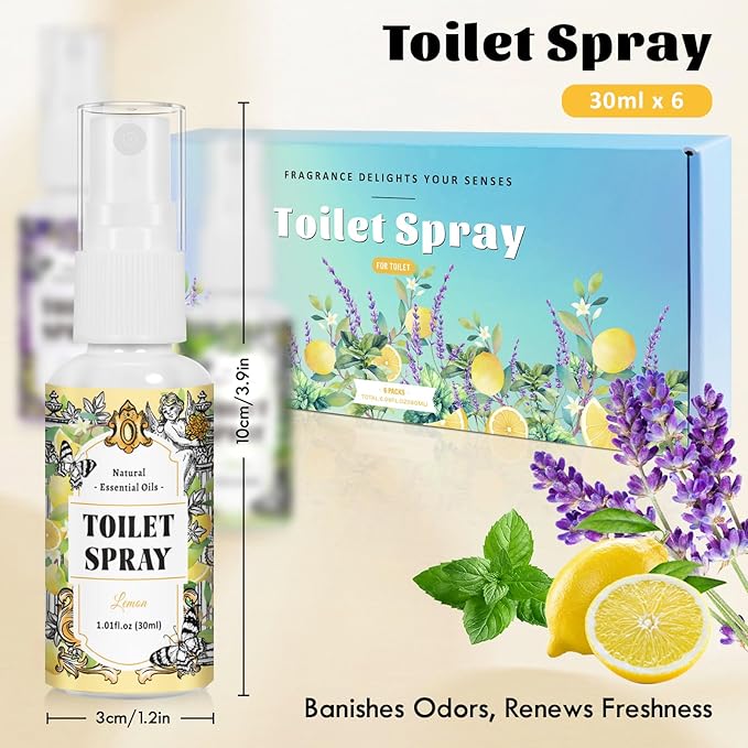 STRN Toilet Spray, 6-Pack Lemon, Mint & Lavender Natural Scent, Portable Instant Odor Deodorizer for Home, Bedroom, Travel Size