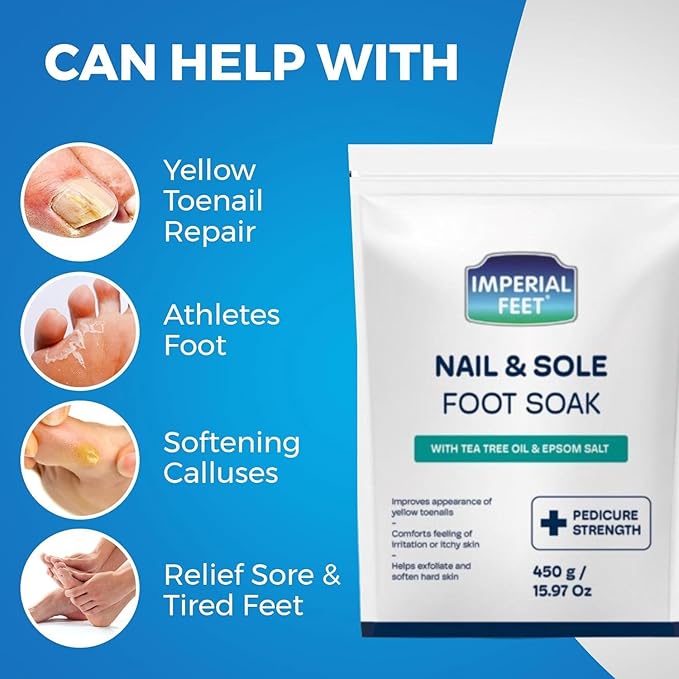 Imperial Feet Epsom Salt Foot Soak (PEDICURE GRADE)-Toenail Repair, Fungus Athletes Foot, Softens Calluses, Tired Feet & Nail Discoloration Foot Soak Salts with Tea Tree Oil 16oz (Green Fungal)