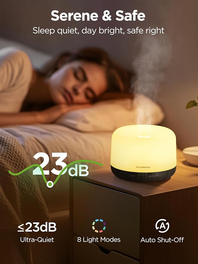InnoGear Aromatherapy Diffuser & 10 Essential Oils Set, 500ml Essential Oil Diffuser with Remote Control Mother's Gift Ultrasonic Cool Mist Scent Humidifier Vaporizer Auto-Off Timer for Home, Brown