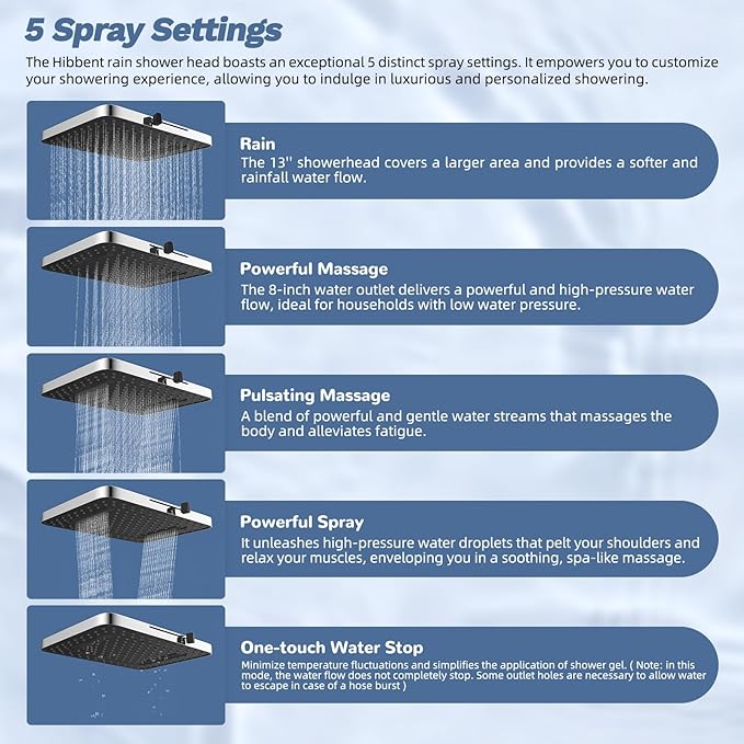 Hibbent 5-spray Filtered Rainfall Shower Head Combo, High Pressure 13'' Showerhead with Stainless Steel 4 Spray Modes Handheld, All Metal 4-way Diverter Arm with Pause Mode, 71'' Hose & Holder, Chrome