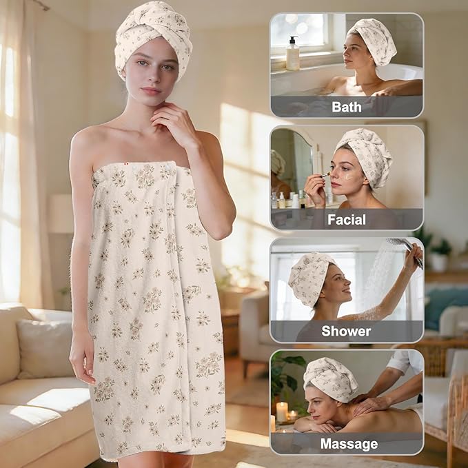 Absorbent Bath Towel Wrap Set for Women, Small Flower Print Towel Wrap After Shower, Microfiber Shower Robe Body Towel Wraps for Women, Quick Dry Hair Towels Wraps for Spa Hotel Beach Girl Teen