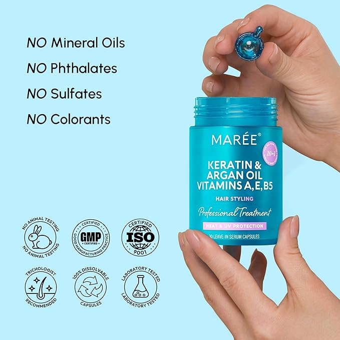 MAREE Hair Serum for Frizzy Dry Hair – Styling Capsules with Keratin, Argan Oil, Vitamins A E B5 – UV & Heat Protectant Frizz Control Serum for Women – Aceite Para el Cabello Treatment | for Frizzy, Styling Capsules, with Jojoba, for Women, Frizzy, Dam...