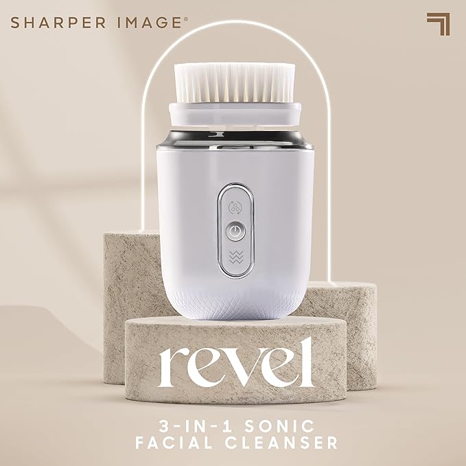 Sharper Image Revel 3-in-1 Sonic Facial Cleanser - 15,000 VPM Glow-Boosting Face Brush, Oscillating & Spin Modes, 3 Brush Heads, 3 Speeds, 90-Second Smart Timer, Wireless Charging, Water-Resistant