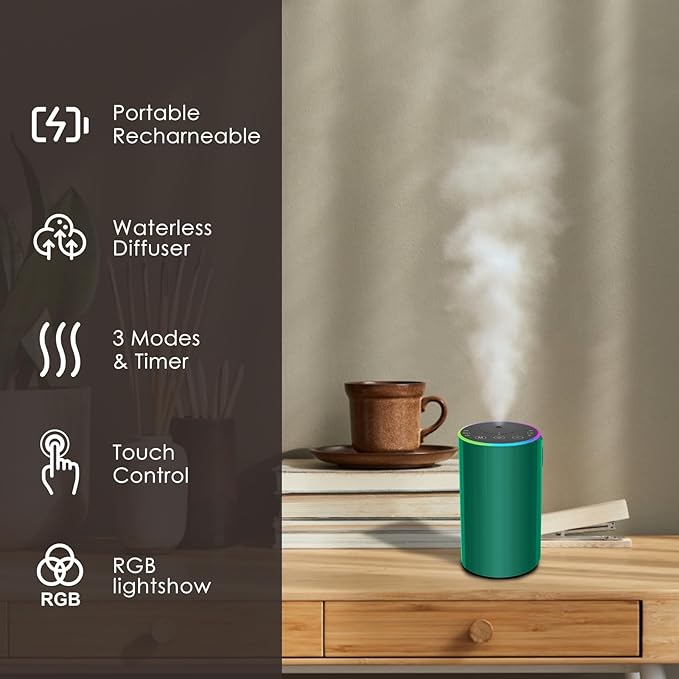 Waterless Essential Oil Diffuser, 7 Colors LED Light, Battery Powered Mini Scent Air Machine, Aromatherapy Mist Diffuser for Home Room Car Office，Black Aluminum Alloy (Black) (Green)