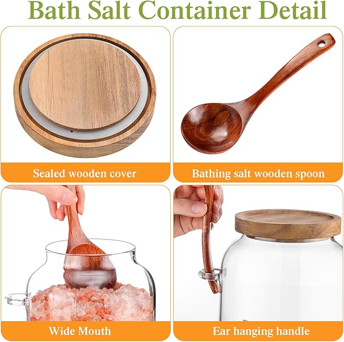 SiliFine 2 Pcs 94 oz Bath Salts Glass Jar with Wooden Lid, Bath Salt Container with Scoop, Airtight Storage Bathtub Accessories for Women