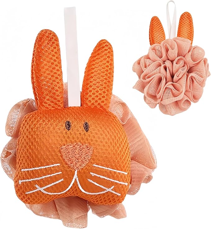 Kids Loofah, Cute Cartoon Animal Kids Bath Sponge with Hanging Rope, Soft Double Mesh for Rich Lather (Little Orange Rabbit)