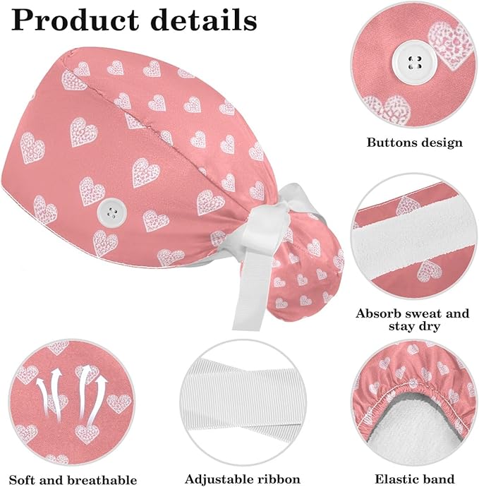 Scrub Caps Women Ponytail Cute Pink and White Leaves Caps Bouffant Working Hat Elastic Tie Back Hats with Button