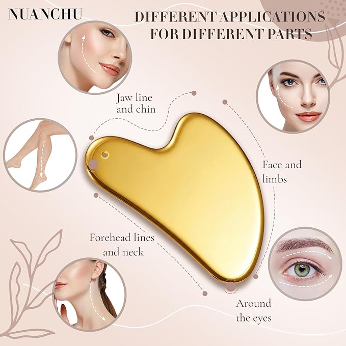 Nuanchu Stainless Steel Gua Sha Facial Tool, Metal Gua Sha for Lymphatic Drainage, Guasha Face Sculpting Double Chin Reduce with Pouch Mother Day Self Care Gift(Gold)