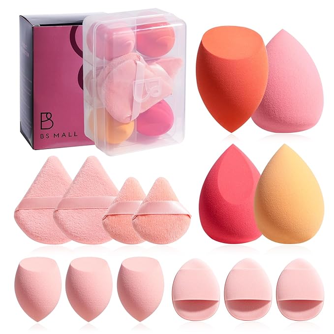 Makeup Sponge Set BS-MALLTriangle Puff 14 Pcs for Liquid, Cream, and Powder, Multi-colored Makeup Sponges and Mini Makeup Sponge (Orangepink)