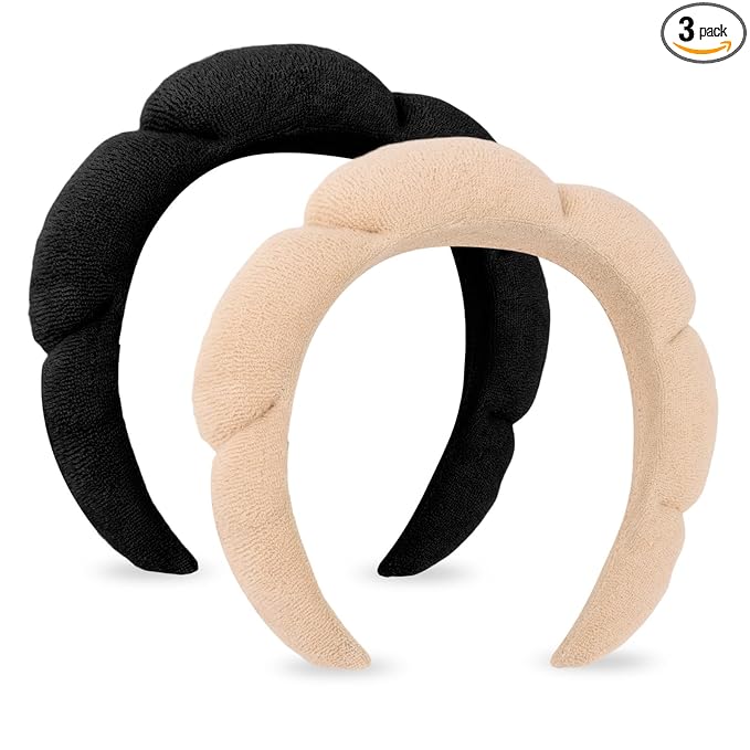 CAVETEE Spa Headband for Face Washing - Terry Cloth Puffy Makeup Headband Set of 2 (Beige & Black, one size)