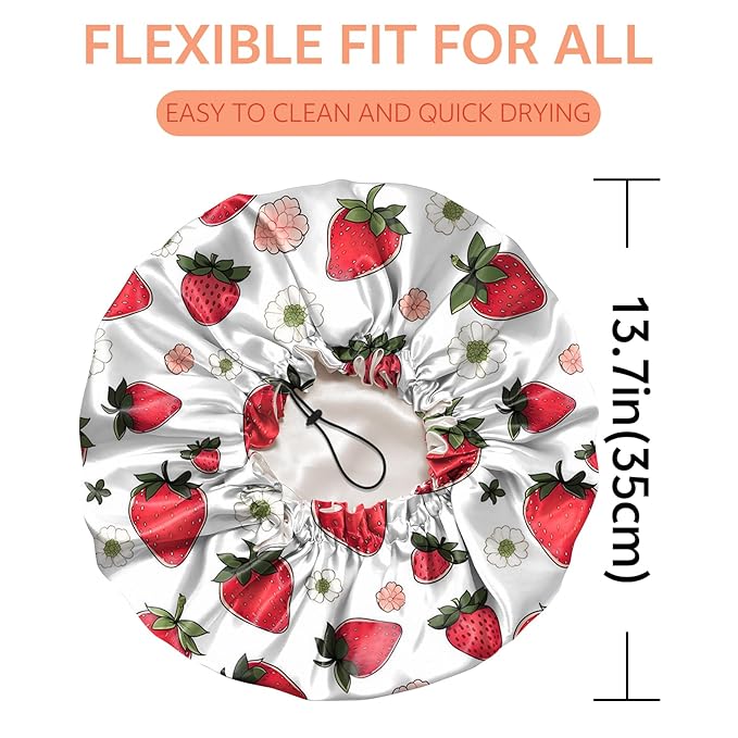 Shower Cap Reusable Double Layer Adjustable Elastic Waterproof EVA Hair Bath Caps for Women Girls Cute Aesthetic-Strawberry