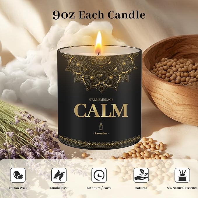 WarmEmbrace Scented Candles, 9 Oz Candle Sets for Home, Office, Meditation, Yoga, Candle Set for Women & Men, Mother's Day, Birthday, Christmas, Anniversary Present (2 Pack, Lavender & Vanilla)