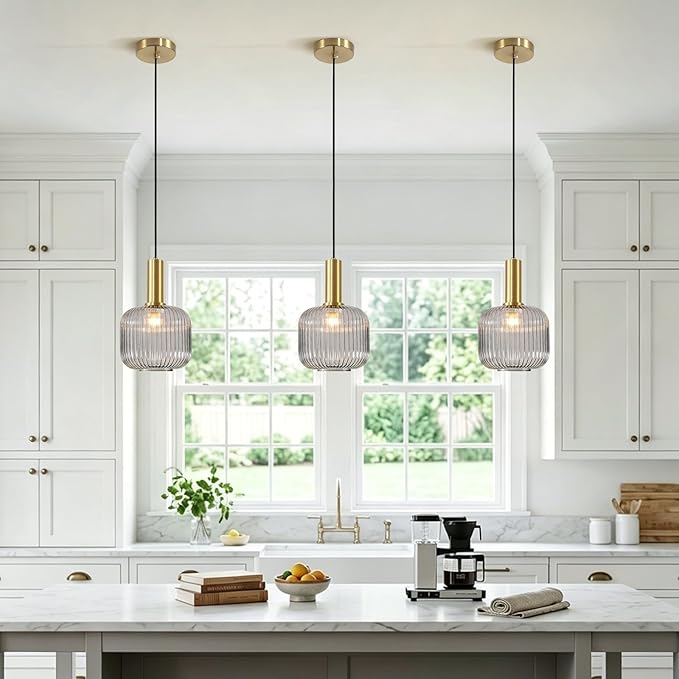 KCO Lighting Mid Century Smoke Glass Pendant Light Antique Brass Kitchen Island Pendant Lighting Modern Striped Glass Globe Hanging Light Large Industrial Pendant Light Fixture