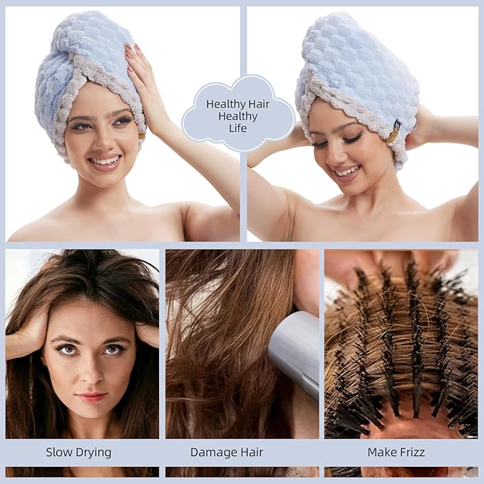 Hair Drying Towels, 19.7x31.5 inch Hair Towels with Elastic Strap, Extra Large Hair Towel Wrap for Women, Super Soft Hair Drying Towels for Long, Thick, Curly Hair, Anti-Frizz Turbans, Blue Color.