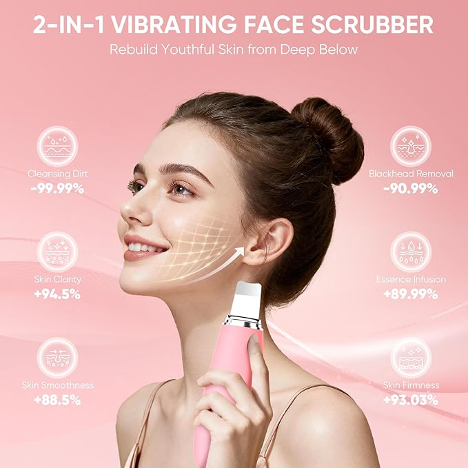 Silicone Face Scrubber Blackhead Scraper Rechargeable 2-in-1 Facial Cleansing Brush & Skin Spatula Duo, IPX7 Waterproof Exfoliating Massager Deep Cleansing for Women and Men(Peachy Pink)