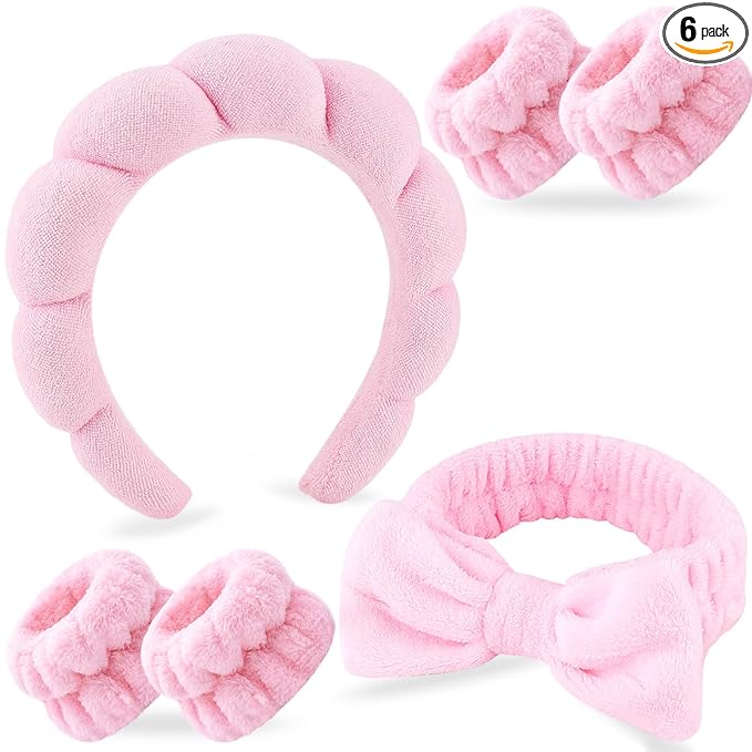 Zkptops 6Pcs Spa Headband for Washing Face Wristbands Set Women Bubble Makeup Sponge Terry Cloth Padded Puffy Skincare Headband Bow Tie Hairband Cute Non Slip Thick Hair Accessory Gifts(Pink)