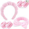 Zkptops 6Pcs Spa Headband for Washing Face Wristbands Set Women Bubble Makeup Sponge Terry Cloth Padded Puffy Skincare Headband Bow Tie Hairband Cute Non Slip Thick Hair Accessory Gifts(Pink)