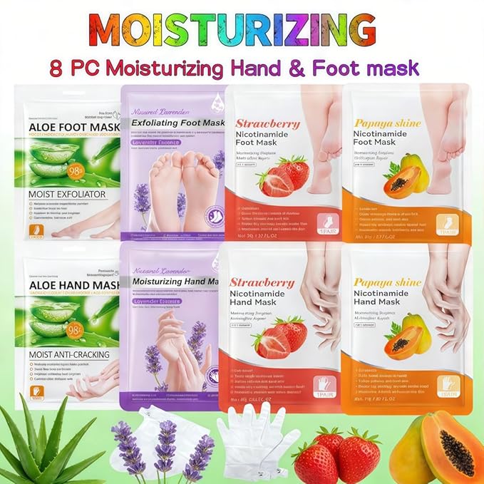 Hand & Foot Mask Set (8 Packs) - At-Home Hand & Foot SPA | Aloe/Lavender/Papaya/Strawberry + Nicotinamide Masks: Hydrating for Dry Skin, Reducing Roughness
