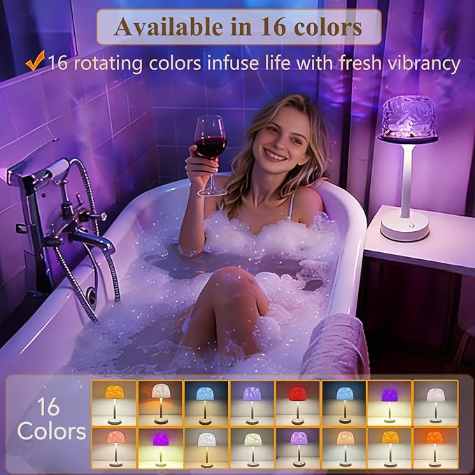 Waterproof Shower Lamp, Cordless Bathroom Lamp with Touch and Remote Control, LED Shower Light with 16-Color Ocean Wave Projector Light, Portable Ocean Lamp for Inside Showers/Bathtubs