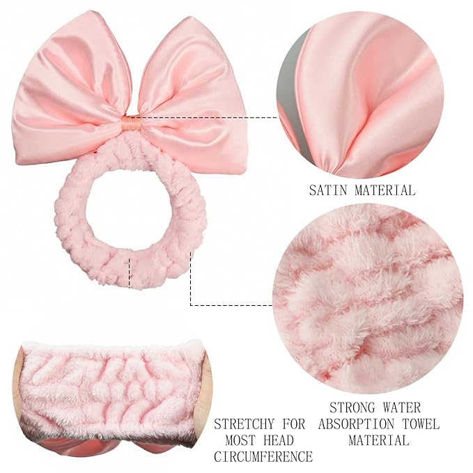 JIAHANG Large Bow Facial Spa Headband, Morning Wash Skincare Satin Bow Hairband for Women Girls