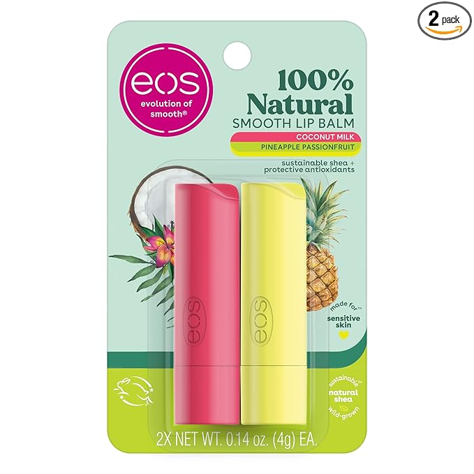 eos 100% Natural Lip Balm- Coconut Milk and Pineapple Passionfruit, All-Day Moisture Lip Care, 0.14 oz, 2 Pack