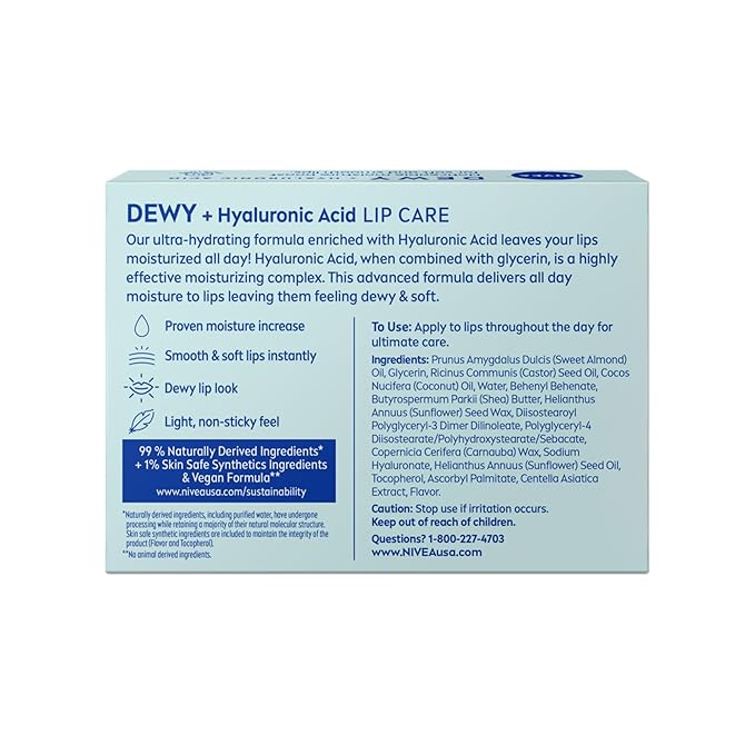 NIVEA Dewy Lip Balm with Hyaluronic Acid, Lightweight and Ultra-Hydrating for All Day Moisture, Mothers Day Gifts, 0.18 Oz, Pack of 4