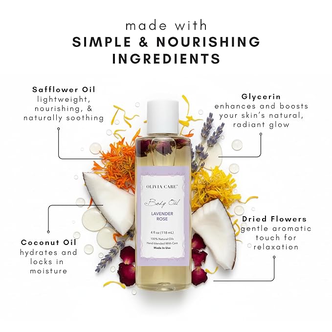 Olivia Care Body Oil Lavender Rose Vegan & Natural Perfume Oil For Women | Hydrating After Bath Oil- Infused with VITAMIN E, K & Omega Fatty Acids - Reduce Dry Skin, Anti-Aging (Lavender Rose)