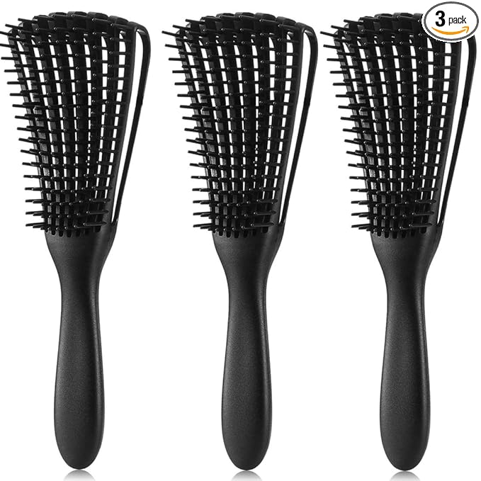 Detangling Brush for Afro American/African 3a to 4c Kinky, Wavy/Curly/Coily Hair - Scalp Massaging Comb for Thick/Long, Wet/Dry/Oily Hair (3 pcs, 3-Black)
